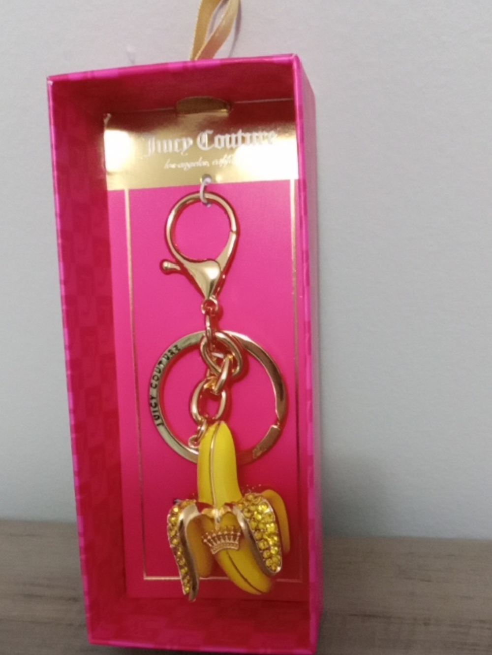 Juicy Couture Yellow Enamel Banana Charm Keyring with Gold Hardware